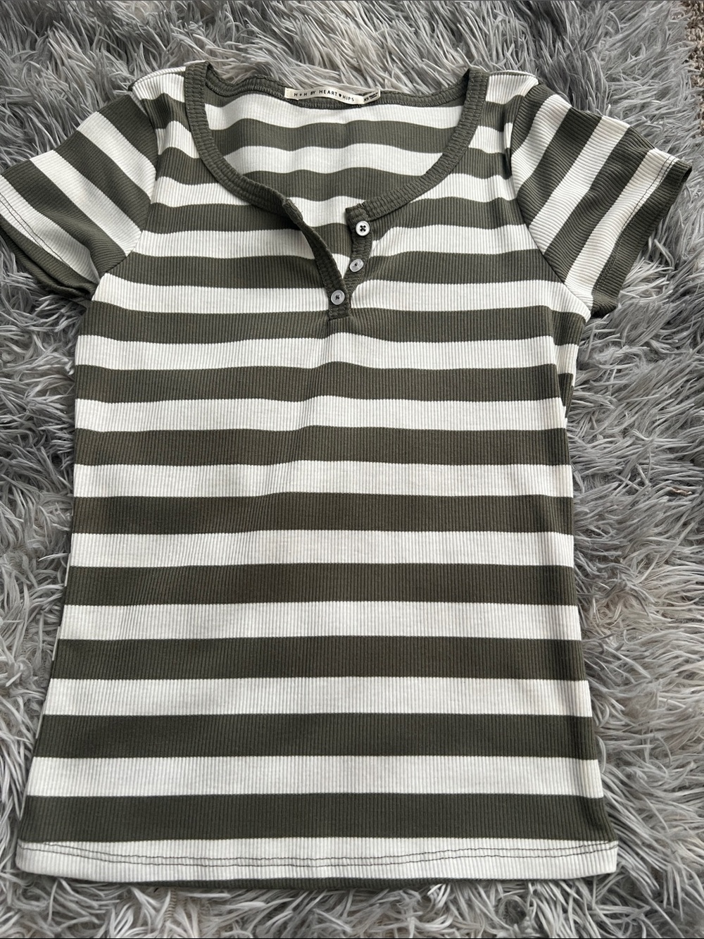Striped Olive Green & White Ribbed Henley Tee